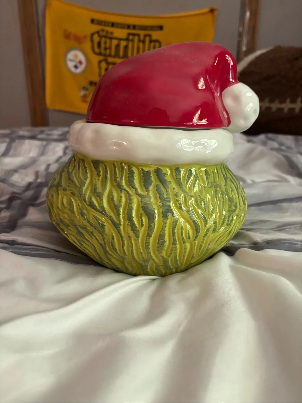 Green Grinch Ceramic Jar with Red Santa Hat
